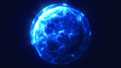Wall Mural - electric blue glowing sphere formed by dense particles on dark background, symbolizing digital energ