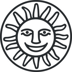 Wall Mural - black and white line art of a smiling sun face with stylized sun rays inside a circle symbolizing wa