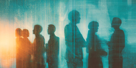 Wall Mural - silhouetted figures conversing against a teal, digital background, suggesting teamwork, communicatio