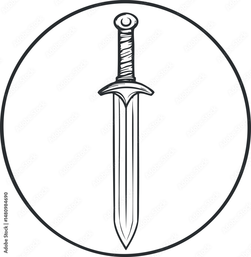 Black and white line drawing of a medieval sword with a detailed handle ...