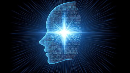 Digital head profile with light burst binary code ai technology concept