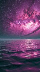 Wall Mural - vibrant pink galaxy reflected on calm ocean waters. starry sky with pink hues. galaxy and ocean crea