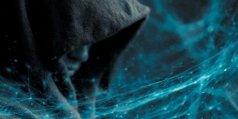 Wall Mural - dark fabric texture, hooded figure partially obscured, ethereal teal particles background, suggestin