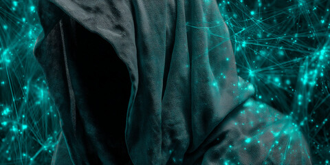 Wall Mural - dark teal fabric draped in folds, creating a mysterious hooded figure against a backdrop of glowing 