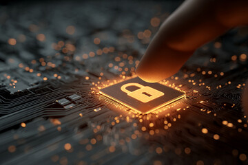 Wall Mural - finger activates glowing padlock icon on circuit board, symbolizing digital security, data protectio