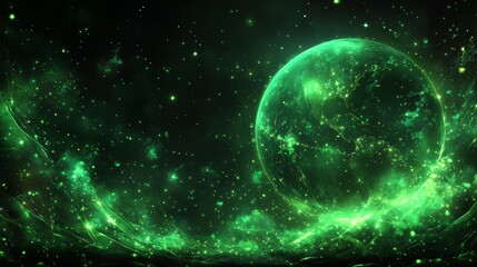 The glowing green planet is located in an environment of black space, with faint stars and dark void surrounding it
