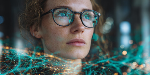 Wall Mural - close-up of woman with freckles wearing glasses, overlaid with teal network graphic, suggesting conn