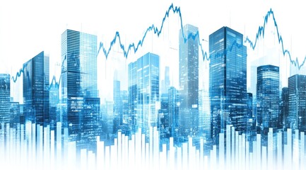 Wall Mural - Modern city skyline overlaid with financial charts, showing growth and fluctuation.  City buildings, skyscrapers, illuminated at night.  Blue financial graphs overlaying the scene
