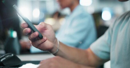 Fototapete - Hands, business and man in office, smartphone and email notification, internet and social media. Closeup, person and employee with online reading, app and cellphone with network or message to contact