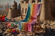 © Anamarija - Wooden beach chair with rainbow towel and sandcastles on a sunny beach day.