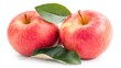 © thenort - Two ripe red apples with green leaves isolated on white background.