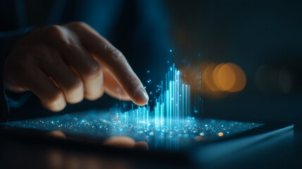 Wall Mural - finger interacts with glowing digital graph on tablet screen, symbolizing data analysis, growth, and
