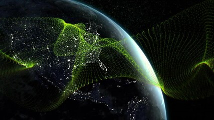 Wall Mural - earth globe rotating in space, showing glowing city lights and translucent dotted waveforms
