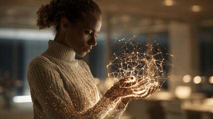 Wall Mural - woman in beige sweater holds glowing network sphere, symbolizing connection, innovation, and technol