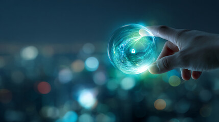 Wall Mural - hand gently holds glowing sphere with padlock icon, symbolizing digital security and data protection