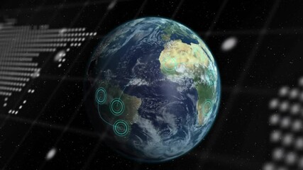 Wall Mural - earth globe floating in space, showing cloud formations and turquoise data overlays with 3d grid