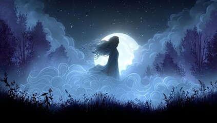 Wall Mural - a ghostly woman with long, flowing hair floats in the sky, surrounded by swirling clouds and