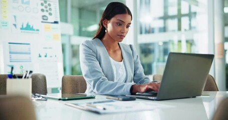 Poster - Laptop, data analysis and business woman typing in office for financial email, research chart and metrics online. Reading, computer and worker writing report for stats, risk management and investment