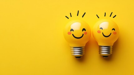 Leinwandbilder - Two smiling yellow light bulbs on yellow background.
