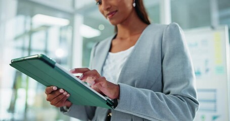 Fototapete - Tablet, hands and business woman in office for financial email, reading online and scroll. Technology, digital and worker check report for investment, risk management and research for profit review