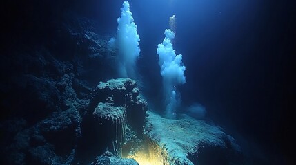 Poster - Deep sea trench glowing clusters of bioluminescent coral organic structures radiating light in absolute marine darkness mysterious atmosphere