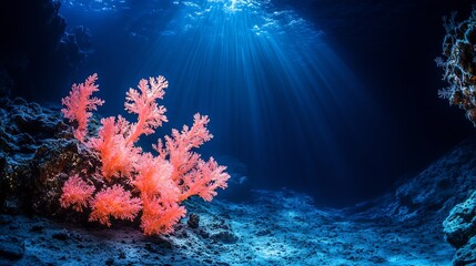 Poster - Deep sea trench glowing clusters of bioluminescent coral organic structures radiating light in absolute marine darkness mysterious atmosphere