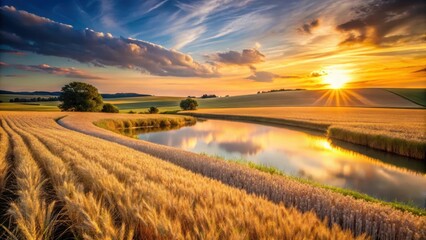 Wall Mural - golden hour serenity a serene landscape of rippling water reflecting a vibrant sunset over rolling f