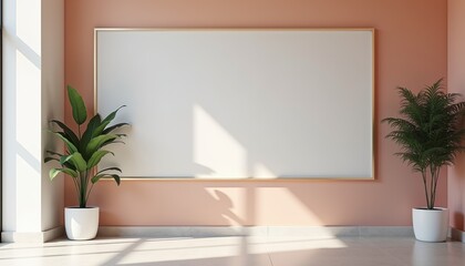 Poster - Empty wall with blank frame and potted plants in modern interior  