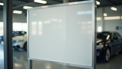 Poster - Blank white board in modern car dealership showroom environment  