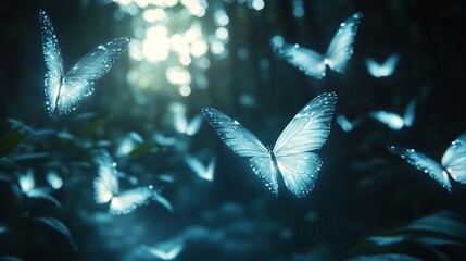 Fototapete - Glowing bioluminescent butterflies fluttering through darkened forest their wings creating a soft light trail as they move