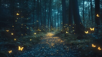 Poster - Glowing bioluminescent butterflies fluttering through darkened forest their wings creating a soft light trail as they move