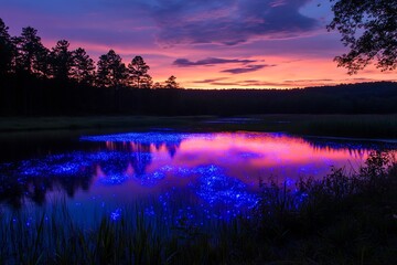 Poster - Glowing bioluminescent insects hovering around crystal clear lake at dusk soft light trails illuminating the water's surface