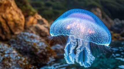 Poster - Glowing bioluminescent jellyfish drifting the ocean casting soft glowing light across the dark sea creating a magical underwater effect