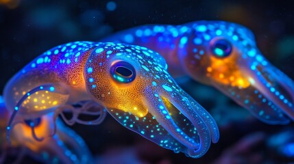 Poster - Group of glowing squids releasing vibrant bioluminescence deep ocean waters natural defense light exotic marine creatures in motion