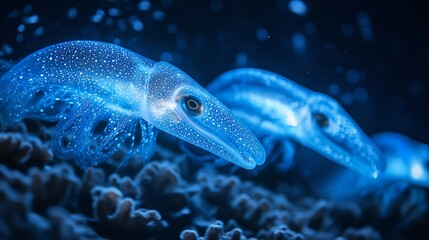 Poster - Group of glowing squids releasing vibrant bioluminescence deep ocean waters natural defense light exotic marine creatures in motion