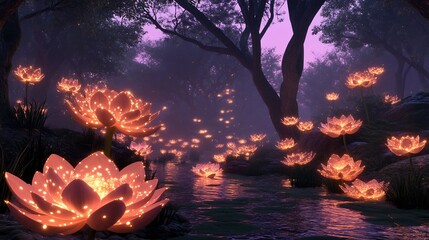 Poster - Large bioluminescent flowers an alien forest glowing under a purple sky creating a fantasy world full of natural light sources