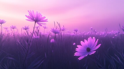Fototapete - Large bioluminescent flowers an alien forest glowing under a purple sky creating a fantasy world full of natural light sources