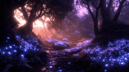 Poster - Large bioluminescent flowers an alien forest glowing under a purple sky creating a fantasy world full of natural light sources