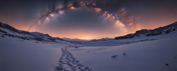 Wall Mural - Snowy path winds towards a fiery sunrise, the Milky Way arches overhead in a brilliant display ,  magical,  mystical,  idyllic