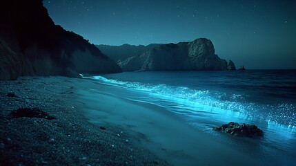 Poster - Peaceful night beach scene waves glowing from bioluminescent plankton natural ocean light magical coastline background clean and surreal