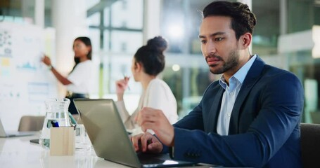 Fototapete - Meeting, businessman and typing with laptop for information, finance and investment in office. Boardroom, male person and financial advisor with tech for research, risk management and reading report