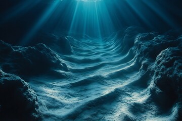 Poster - Surreal underwater landscape where bioluminescent rays pulse along sea floor ridges magical light geometry deep marine ambiance