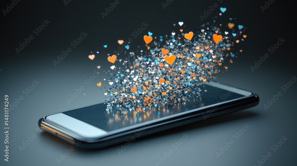 Exploding Phone Icon Concept art of smartphone with exploding icons for likes, hearts ...