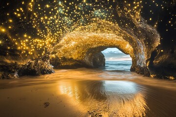 Poster - Underwater caves glowing bioluminescent organisms natural light radiating through the dark waters in varying shades of blue