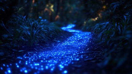 Poster - Close up of bioluminescent beetles glowing along forest trail creating a soft light that contrasts with the surrounding darkness