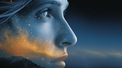 Wall Mural - cosmic reflection: a celestial merging of a woman's profile with the cosmos, capturing the ethereal 