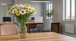 © mdshafiq - Daisy bouquet in vase symbolizing freshness and natural beauty, on wooden table in office