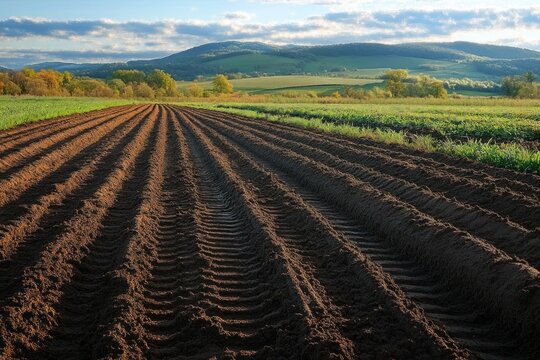 Plowed agricultural field with orderly furrows leading towards green hills under a partly cloudy blue sky with sunlight illuminating the landscape