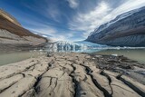 Glacial retreat reveals cracked earth at a tranquil arctic lake.