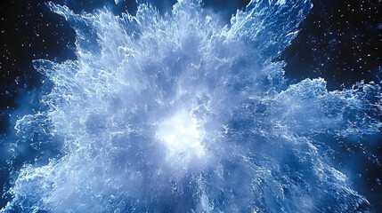 a vibrant, blue cosmic explosion radiates outwards from a bright core, set against a backdrop of dee